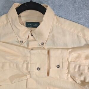 Canali Mens Button Down Shirt Soft Yellow Textured 100% Cotton Made in Italy XL